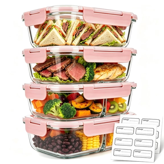 OVINESY 4 Pack 22oz Glass Meal Prep Containers with Lids, Food Storage Boxes, Leakproof Glass Storage Set for Lunch, Freezer Meals, Snacks and Everyday Kitchen Organization, Pink