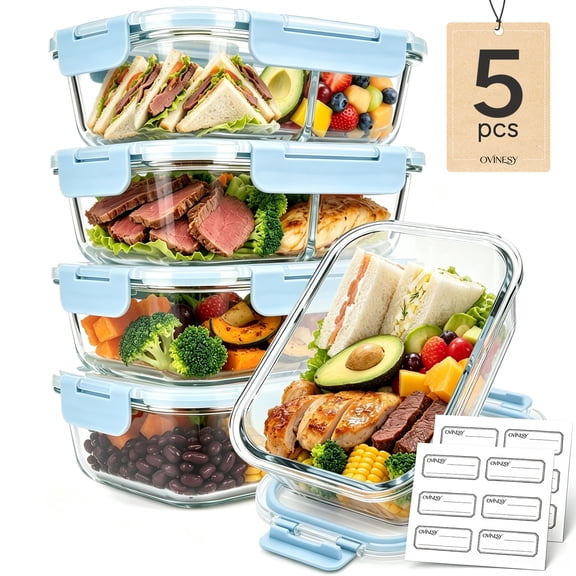 OVINESY 5 Pack 22oz Glass Meal Prep Containers with Lids, Food Storage Boxes, Leakproof Glass Storage Set for Lunch, Freezer Meals, Snacks and Everyday Kitchen Organization, Blue