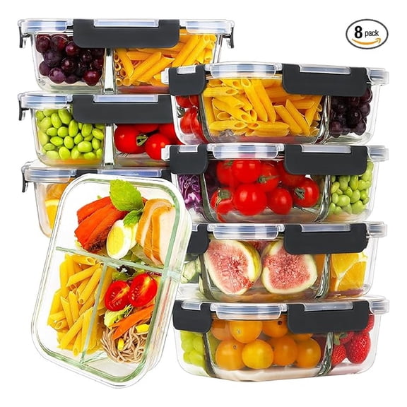 Glass Meal Prep Containers 8 Pack, 36oz 3-Compartment Food Storage Containers with Lids, Leakproof Bento Boxes, BPA-Free, Microwave & Freezer Safe - Black