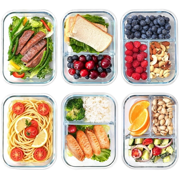 Glass Meal Prep Containers with Dividers, 1 & 2 & 3 Compartments 6 Pack | 6-Pack Divided Glass Food Storage Containers, Glass Bento Box, BPA-Free, Microwave/Dishwasher/Freezer Safe, Stackable