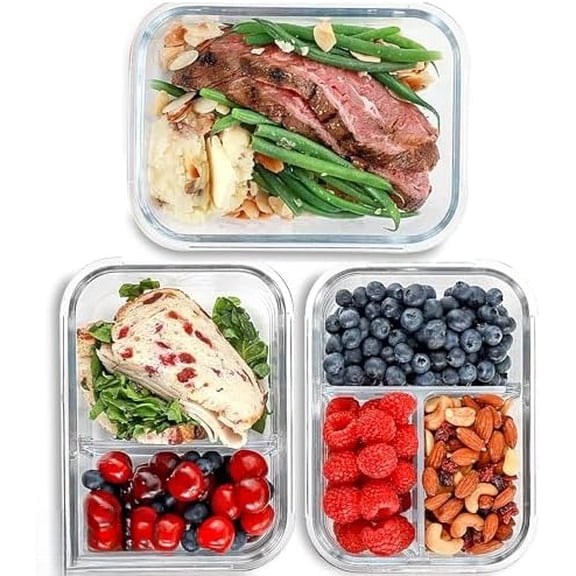 Glass Meal Prep Containers with Lids, 1 & 2 & 3 Compartments – Portion Control Containers, Glass Lunch Box, Food Storage, Leak-Proof, Oven & Freezer Safe, 35 oz, Blue, 3 Pack