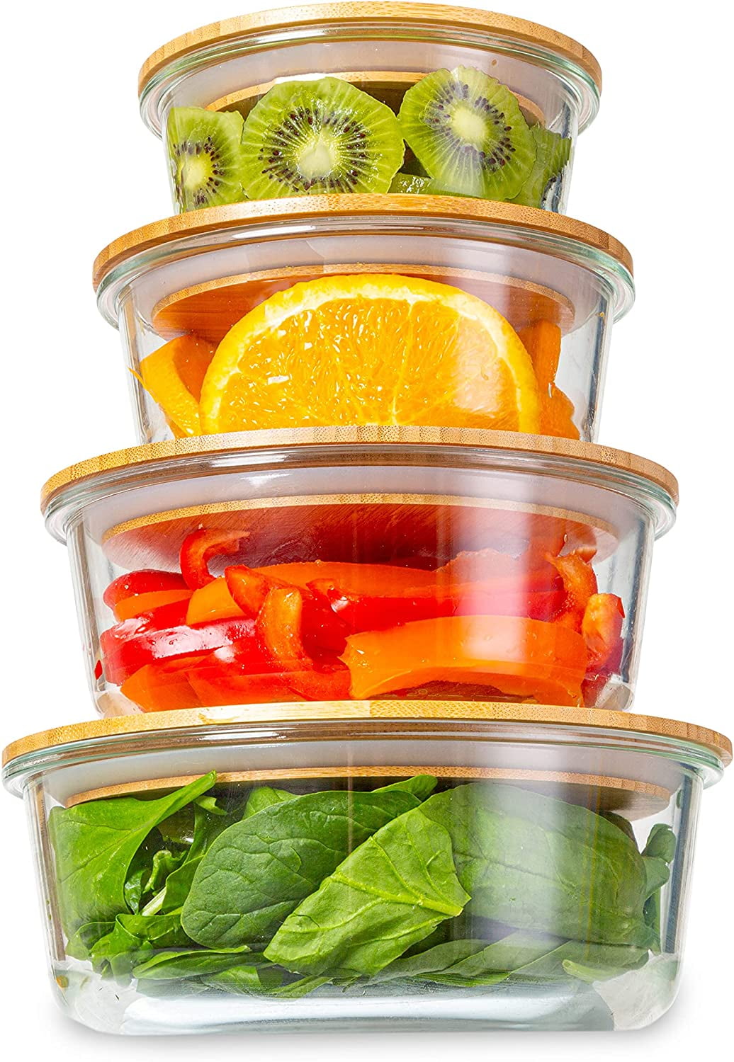 Glass Meal Prep Containers with Bamboo Lids, 4 Pack Airtight Clear