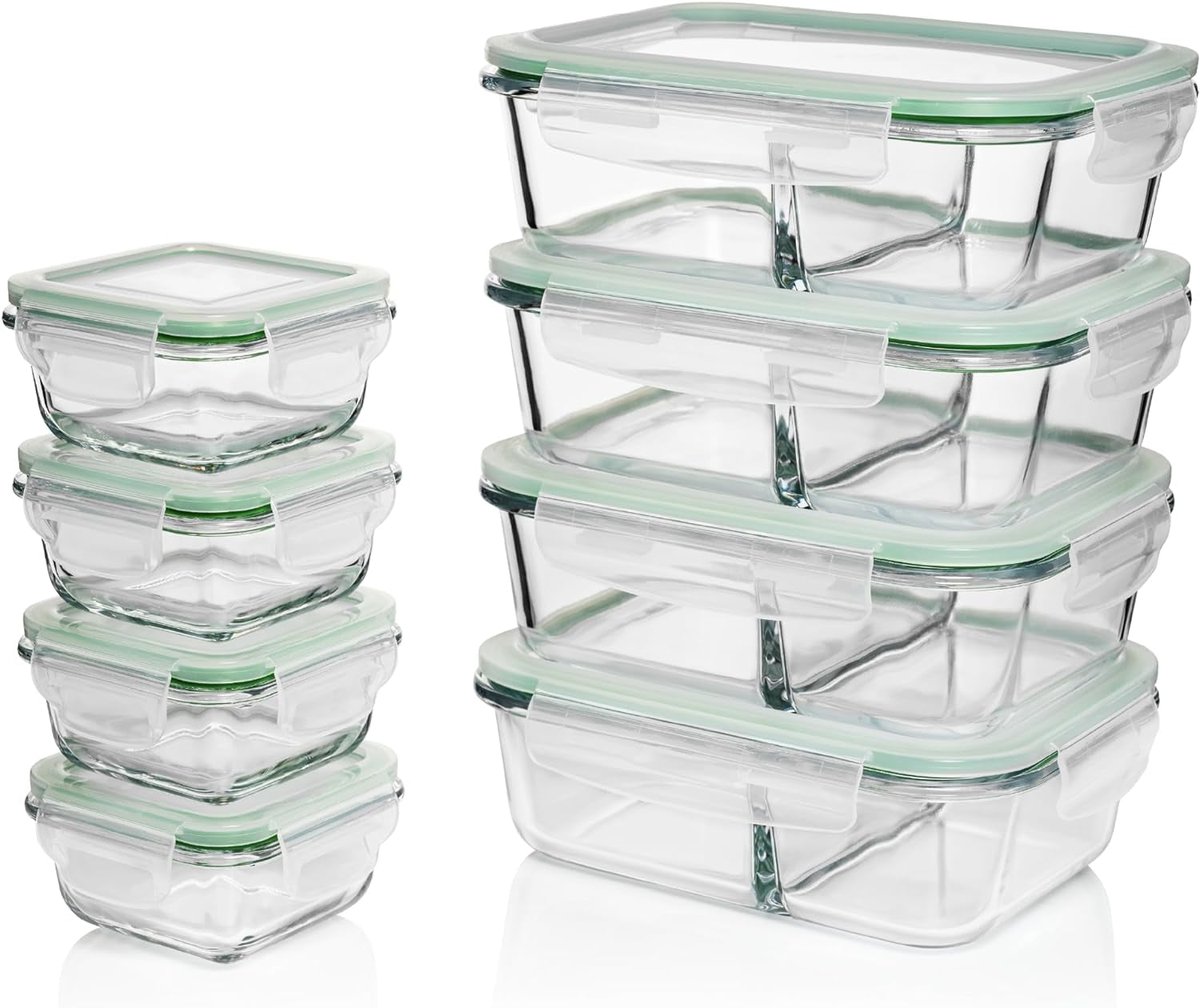 Glass Meal Prep Containers with Lids [8 Pack, 33 oz & 4.5 oz] - 2 Compartment Divided Glass Bento Boxes for Adults, Oven Safe & Airtight