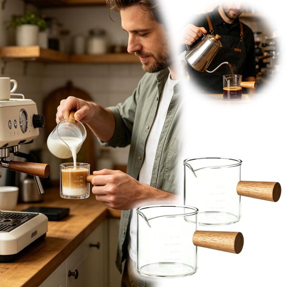 Glass Measuring Cup Espresso Shot Glass 2 Pack, Small Glass Pitcher With Wooden Handle, Coffee Extraction Beaker For Home Barista,10.5X6X5Cm