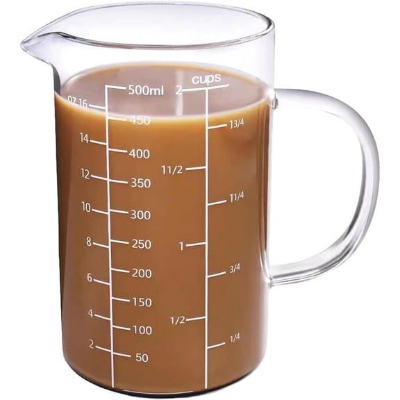 Glass Measuring Cup with Handle: High Borosilicate Glass Measuring Cup with Three Scales (OZ, Cup, ML/CC) and V-Shaped Spout, Measuring Beaker for Kitchen or Restaurant, 500 ML (0.5 Liter, 2 Cup)