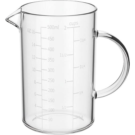 Glass Measuring Cup: High Borosilicate Glass Measuring Cup with Three Scales (OZ, Cup, ML/CC), Insulated handle, V-Shaped Spout, Measuring Beaker for Kitchen or Restaurant, 500 ML (0.5 Liter, 2 Cup)