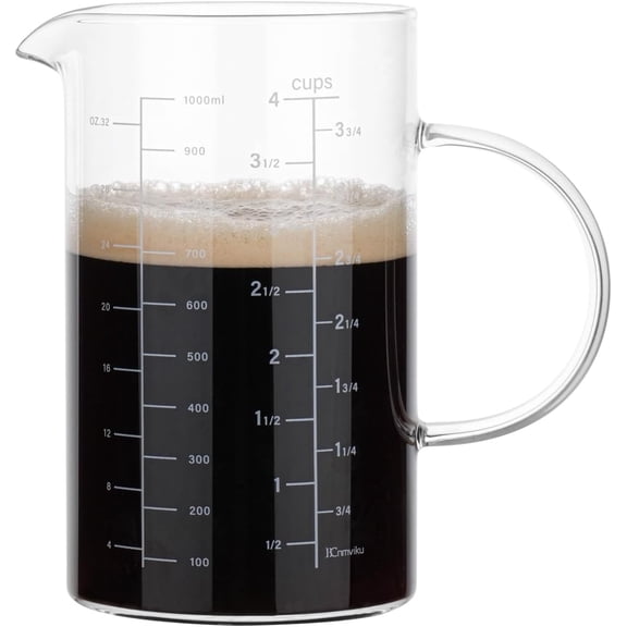 Glass Measuring Cup, Insulated handle, V-Shaped Spout, High Borosilicate Glass Measuring Cup 1000ML /1 Liter, 4 Cup for Kitchen or Restaurant, Easy To Read (1000ml-1pcs)