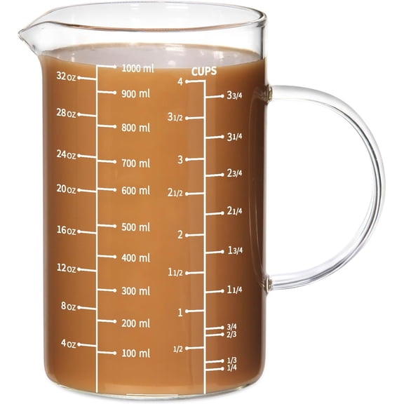 Glass Measuring Cup, [Insulated handle, V-Shaped Spout], High Borosilicate Glass Measuring Cup for Kitchen or Restaurant, Easy To Read, 1000 ML (1 Liter, 4 Cup)