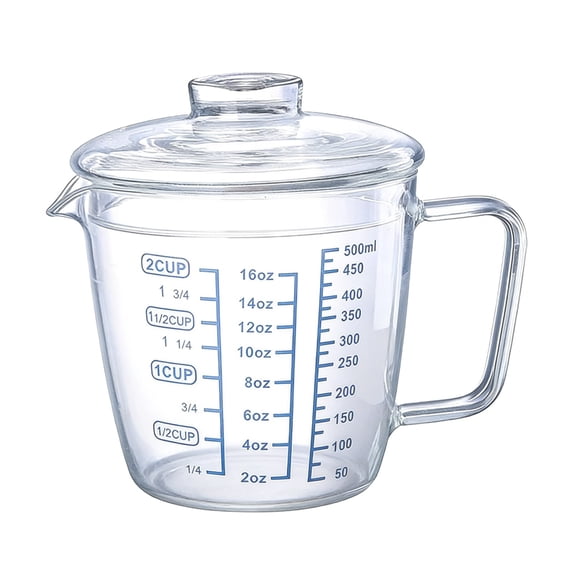Glass Measuring Cup with Lid, Easy Grip Handle and V-Shaped Spout, Three Measurement Scale(OZ, Cup, ML), Coffee Milk Frothing Pitcher Latte Maker in Kitchen Restaurant
