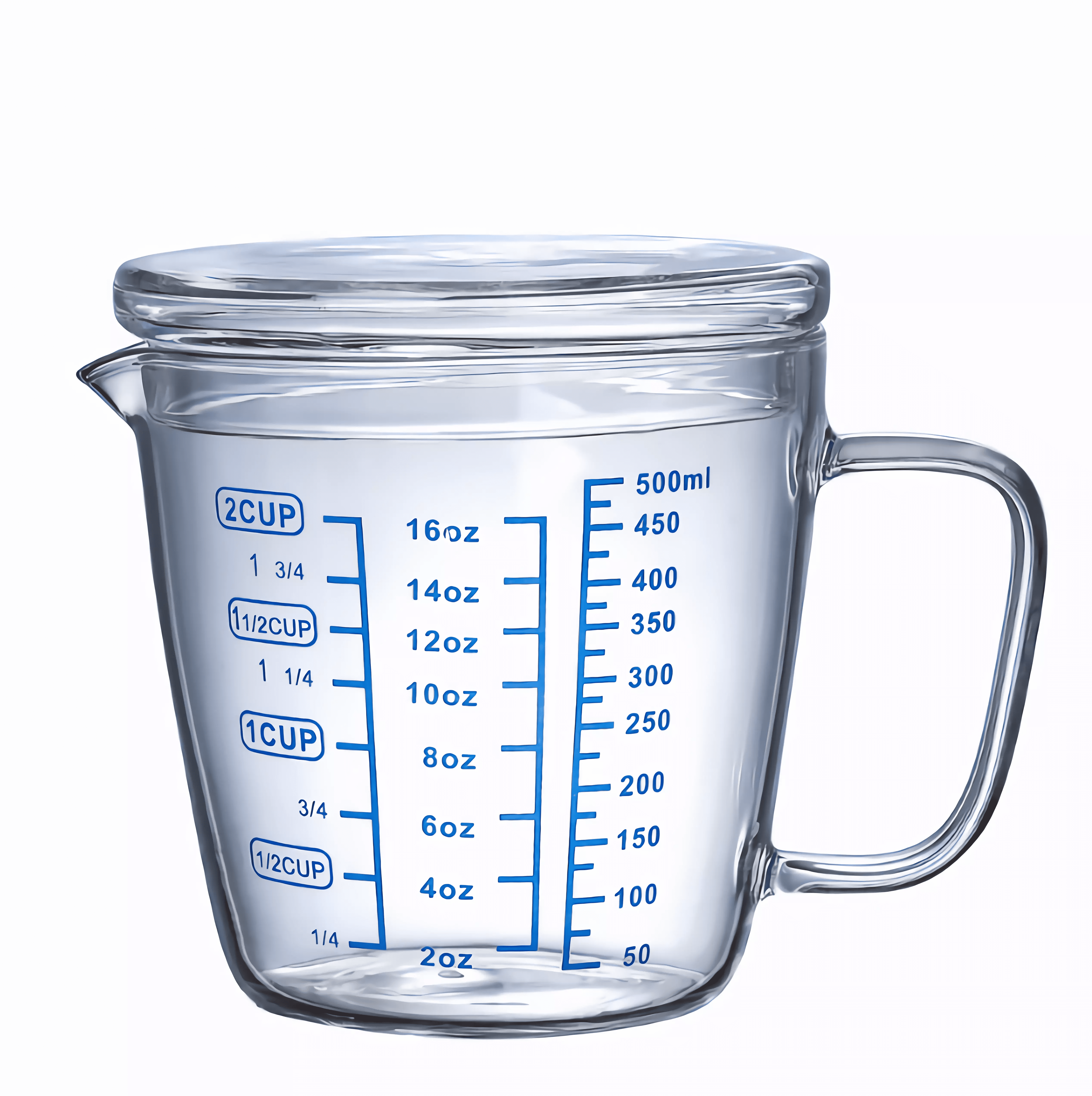 Glass Measuring Cup with Lid,Graduated Beaker Coffee Mug with Handle,Borosilicate Glass V-Shaped Spout Measure Liquid Milk Cup for Cooking Baking  (2cup/16oz/500ml)