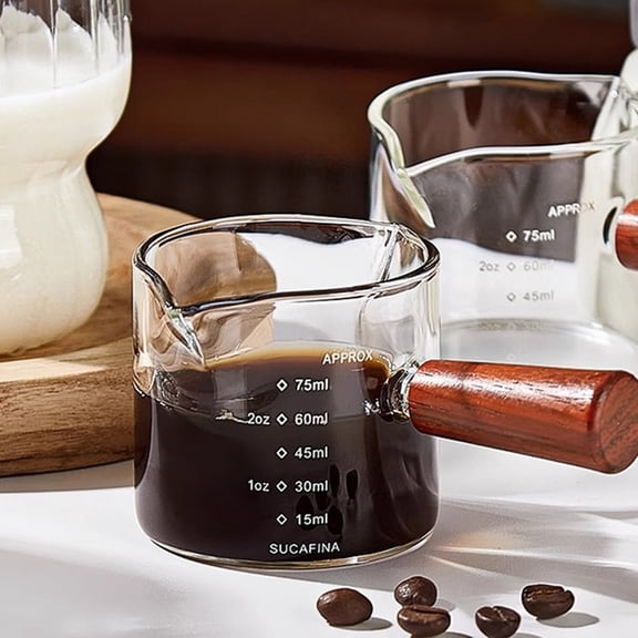 Glass Measuring Cup with Wood Handle for Espresso and Milk Frothing, Double Spout with Ounce and Milliliter Scales, 1 Count