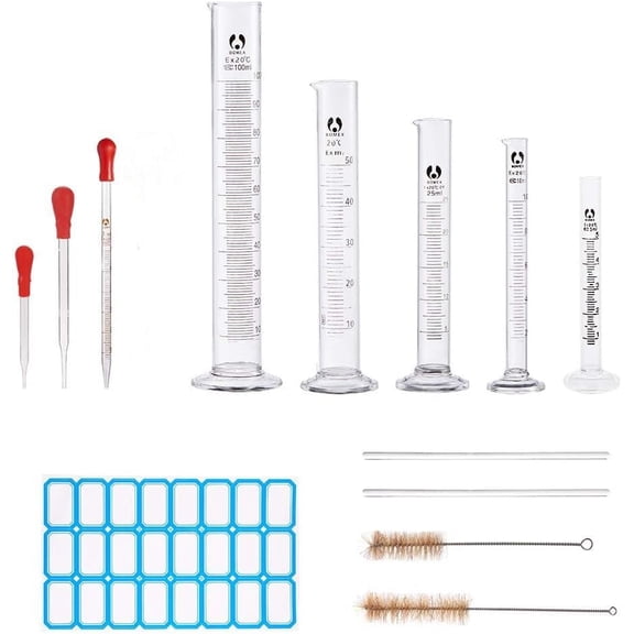 Glass Measuring Cups Graduated Tube Glass Dropper Transfer Graduated Pipettes and Length Chemistry Test Tube Bottle Wash Cleaning Brush Clear 30x21.5x5cm