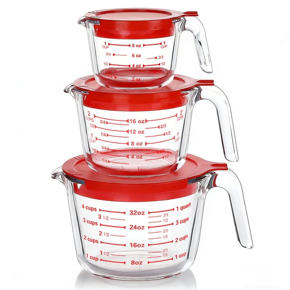 Glass Measuring Cups Set with Lids, Nestable Kitchen Jugs for Baking Cooking