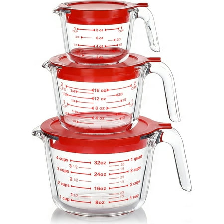 6 Pcs Glass Measuring Cups with Lids Set, 1-Cup, 2-Cup, 4-Cup Measuring Jugs with Handle, Nesting Liquid Measuring Cups for Kitchen