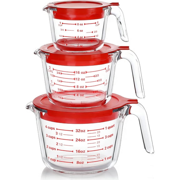 6 Pcs Glass Measuring Cups with Lids Set, 1-Cup, 2-Cup, 4-Cup Measuring Jugs with Handle, Nesting Liquid Measuring Cups for Kitchen