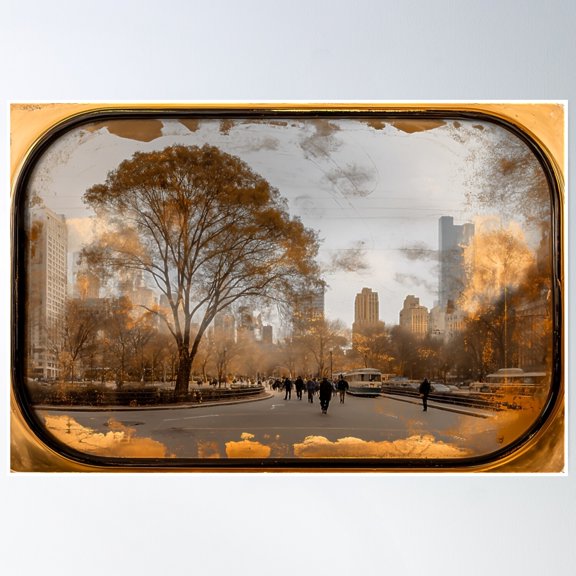 Glass Memory – Autumn Street Through Aged Window Poster Wall Art, Modern Wall Decor, 24x36 UNFRAMED
