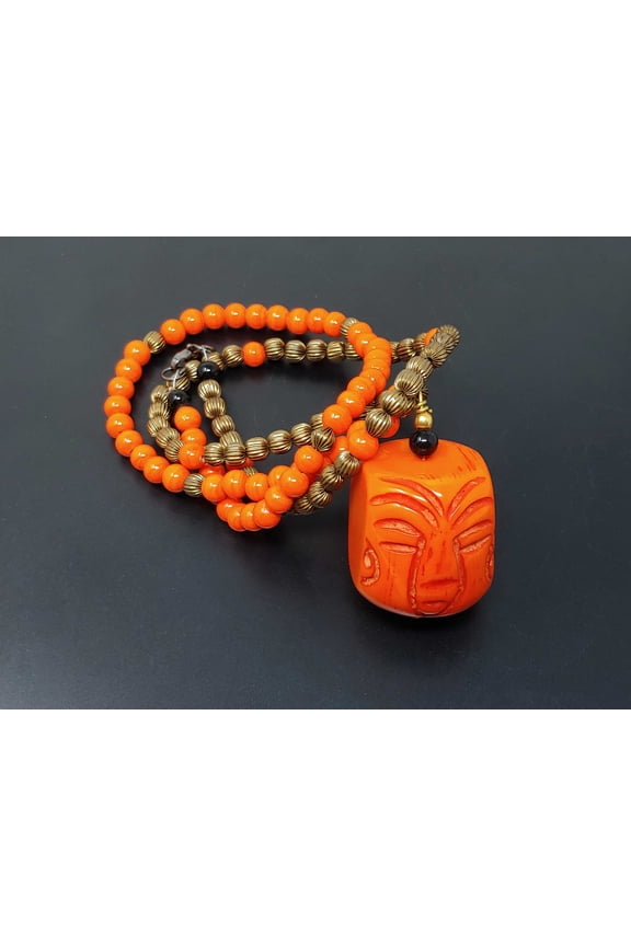 Glass & Metal Beaded Necklace with Buddha Face Large bead Pendant - 31 Inches -Orange & Bronze.