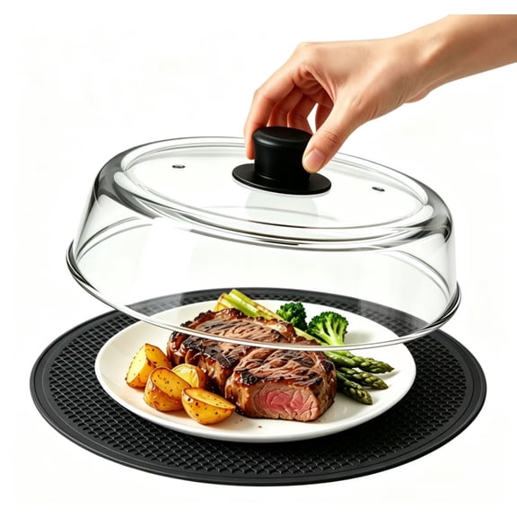 2 in 1 Glass Microwave Splatter Cover for Food & Microwave Place Mat 11.8in, No Plastic, Food Grade, Plate Splatter Guard Lid with Easy Grip Silicone Handle Knob, Borosilicate Glass with Steam Vent