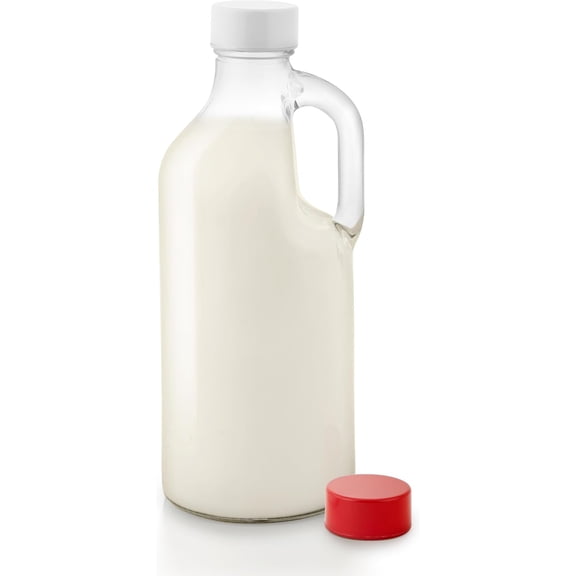 Glass Milk Bottle with Lid and Handle 40oz (1 Pack), 2 Reusable Caps, Milk Container for Refrigerator, Glass Juice Bottles, Water, Almond Milk Storage Bottle, Glass Milk Jug