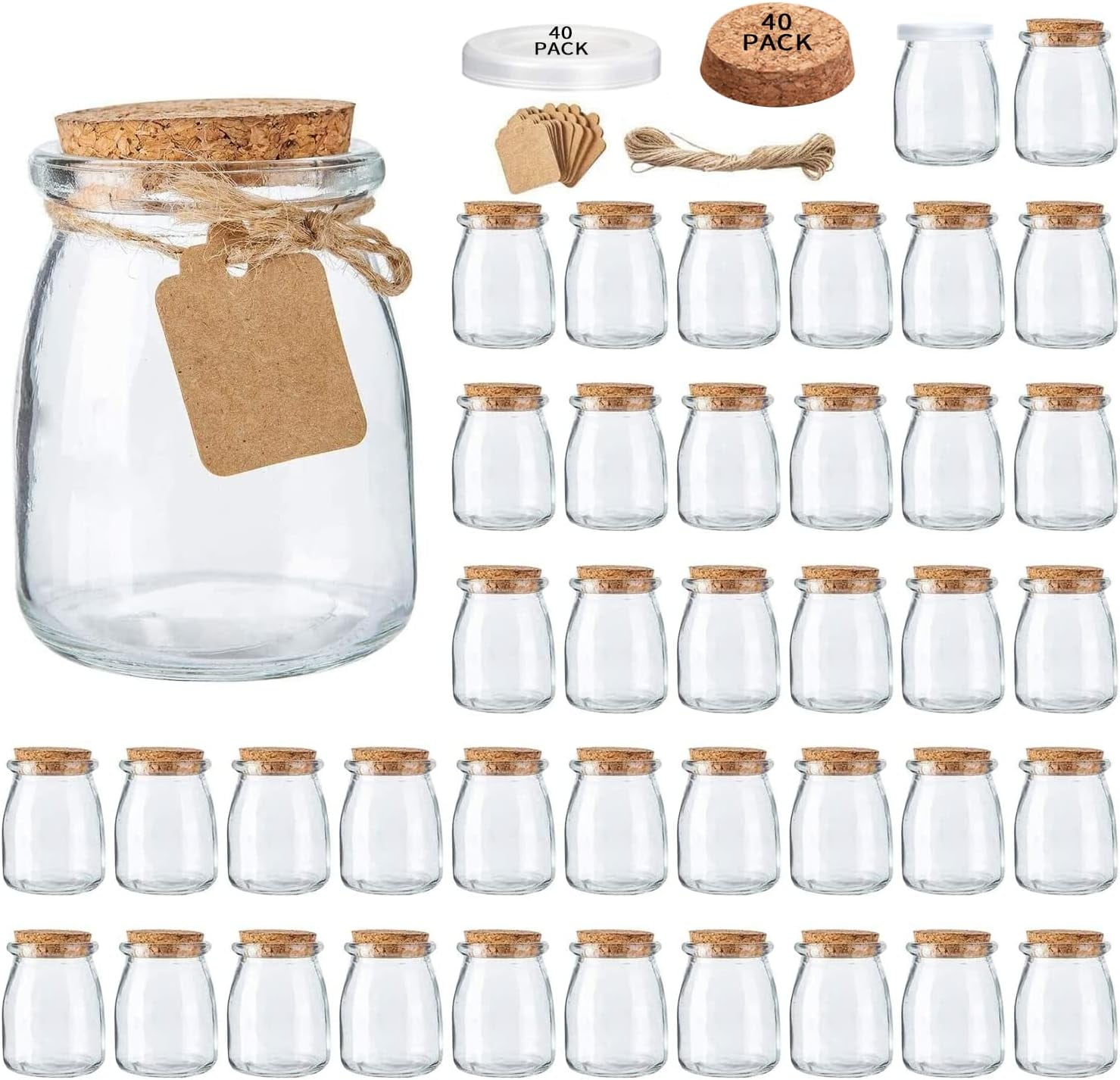 Glass Mini Yogurt Jars 40 Pack, 7 oz Favor Jars With Cork Lids, Pudding ...