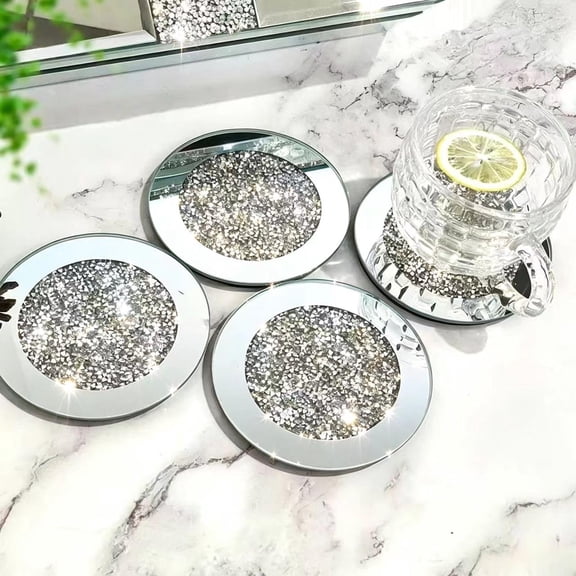 Glass Mirrored Coaster, Crushed Diamond Round Cup Mat Decor for Bar Table
