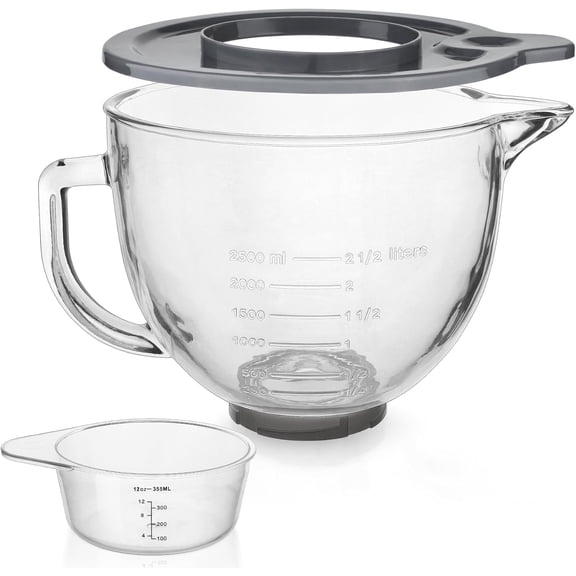 Glass Mixing Bowl 5 QT for 4.5 and 5 Quart Tilt-Head Stand Mixers Measuring cups with scales Fits Artisan KSM150 RRK150 KSM100 K45SS KSM90 KSM95 K45 KSM110 5KSM125