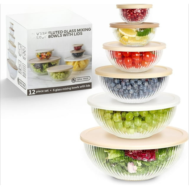 Glass Mixing Bowl Set with Lids - Borosilicate Glass Bowl Set for Cooking, Baking and Meal Prep
