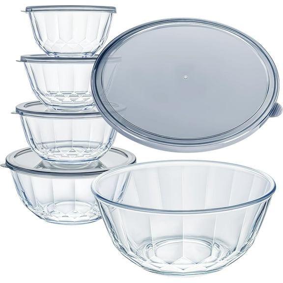 Glass Mixing Bowls with Lids Set of 5(0.85qt,1.11qt,1.69qt,2.85qt,4.7qt), Large Salad Bowl with Diamond Pattern & Grey Transparent Lids, Kitchen Clear Mixing Bowl for Serving Baking Prep Storage