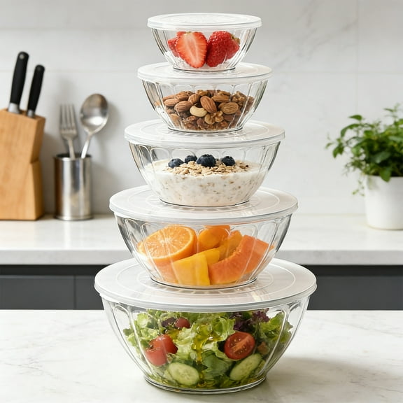 Glass Mixing Bowls with Lids, Set of 5, Textured Borosilicate Glass Bowls for Baking, Stackable Kitchen Mixing Bowl Set, Heat Resistant, Dishwasher Safe