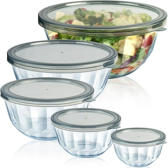 Glass Mixing Bowl Set with Lids, 5-Piece Thick Glass Nesting Bowls for Kitchen Baking, Meal Prep, BPA Free, Dishwasher Safe