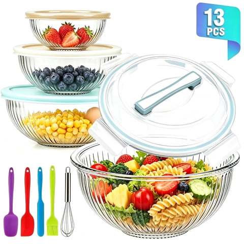 Mixing Bowls Set, AOKIWO 13 Packs 4 Size Nesting Glass Bowls with BPA-Free Lids & Baking Tools, Storage Bowl for Kitchen, Prep, Baking, Serving