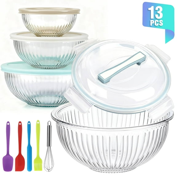 Glass Mixing Bowls Set, AOKIWO 13 Packs 4 Size Nesting Glass Bowls with BPA-Free Lids & Baking Tools, Nest Glass Storage Bowls for Kitchen, Great for Prep, Baking, Serving