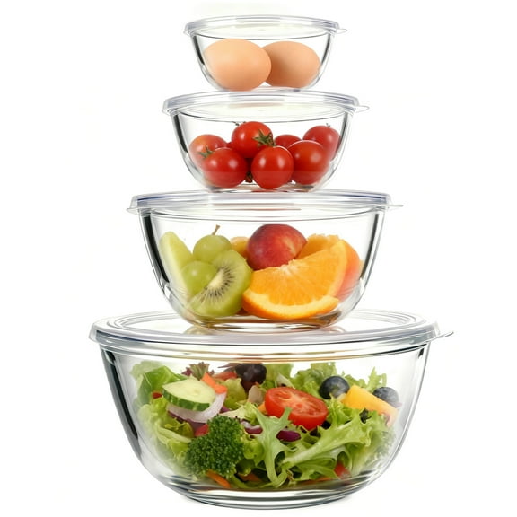 WhiteRhino 4 Packs Glass Mixing Bowls with Lids Set,Clear Glass Bowl for Serving,Prep,Baking,Cooking,Food Storage,0.53/0.84/1.69/2.9QT