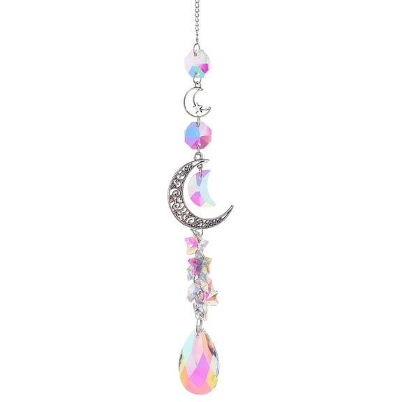 Glass Moon Hanging Suncatcher Pendant Decoration Teardrop Crystal Ceiling Chandelier Ball Prism Pendants with Alloy & Iron Findings Colorful 420~430mm
