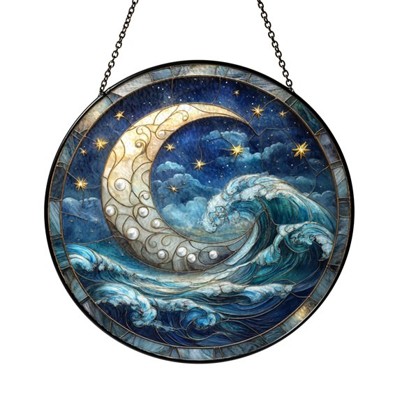 Glass Moon Stars Suncatcher Window Hanging, Cosmic Celestial Window Art for Home