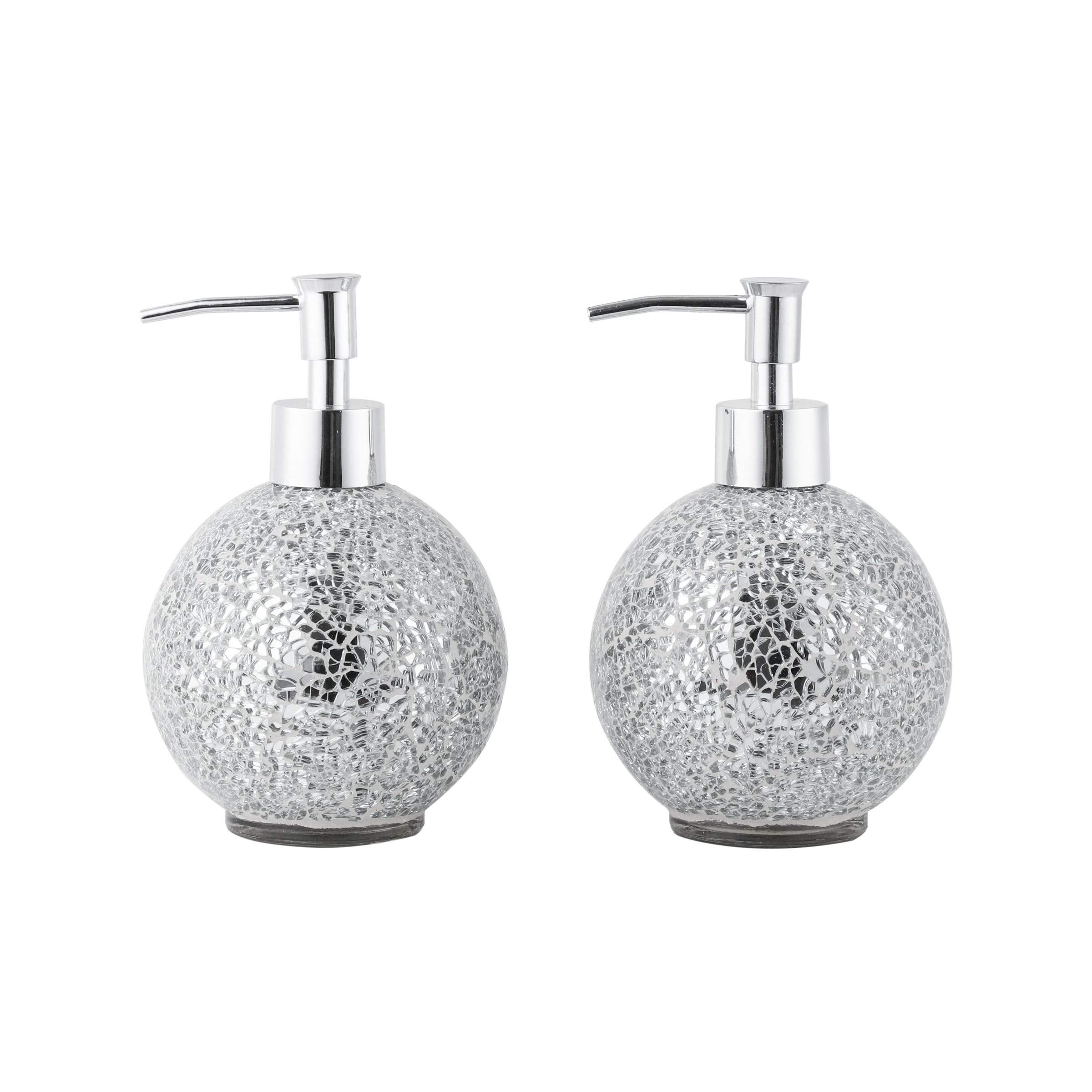 Glass Mosaic Hand Soap Dispenser-Lotion Bottle with Chrome Plated Plastic Pump-14 Ounce Set of 2 (Silver))