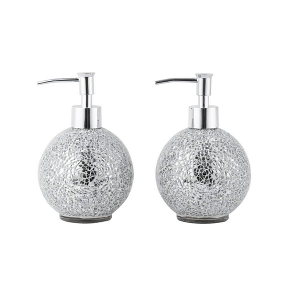 Glass Mosaic Hand Soap Dispenser-Lotion Bottle with Chrome Plated Plastic Pump-14 Ounce Set of 2 (Silver))