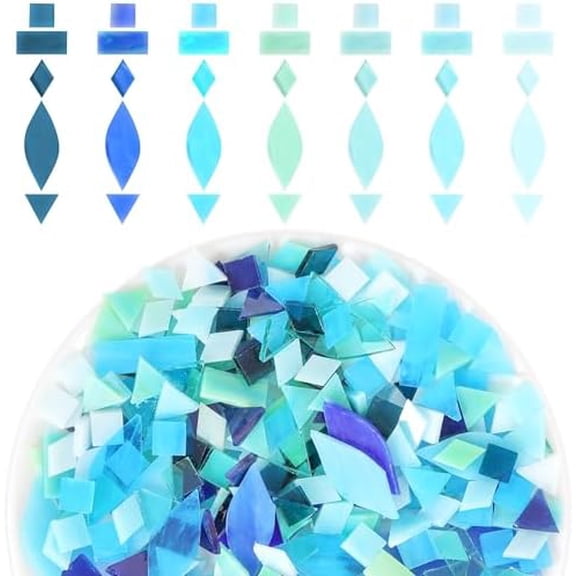 Glass Mosaic Tiles Pieces for Crafts: 320Pcs Bule Color Mixed 5 Shapes Stained Bulk Art Supplies for Making Decor Project DIY Lamp Vase Coaster Stepping Stone for Adults Beginners Mosaicist