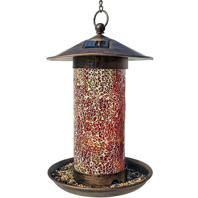 Glass Mosaic Wild Birdfeeder, Copper Roof Tube Bird Feeder - Solar Powered Garden Lantern, Solar Bird-Feeder for Outside Hanging Outdoor