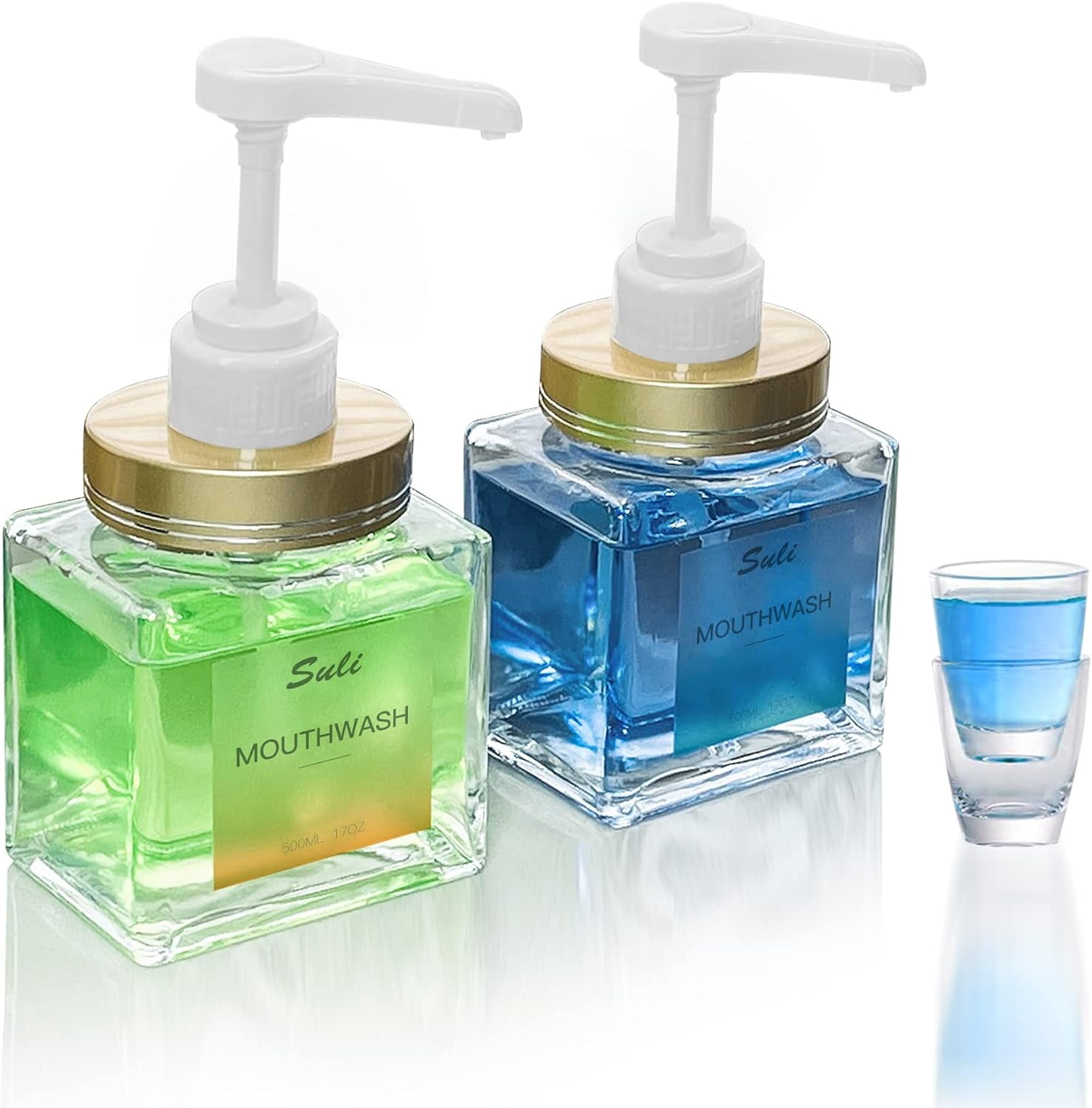 Glass Mouthwash Dispenser with 23 Pumps of Mouth Wash Set of 2, 17oz