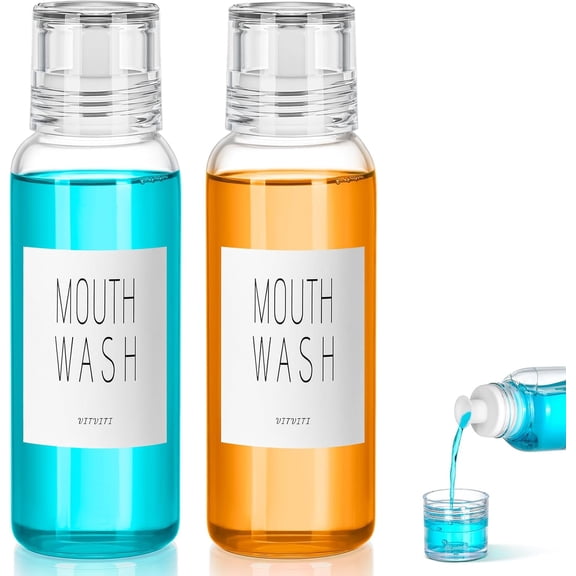 Glass Mouthwash Dispenser for Bathroom, 10 OZ Mouth Wash Container Bottle with Lid Cup, Countertop Small Clear Refillable Dispensers Decanter, Set of 2 (White)