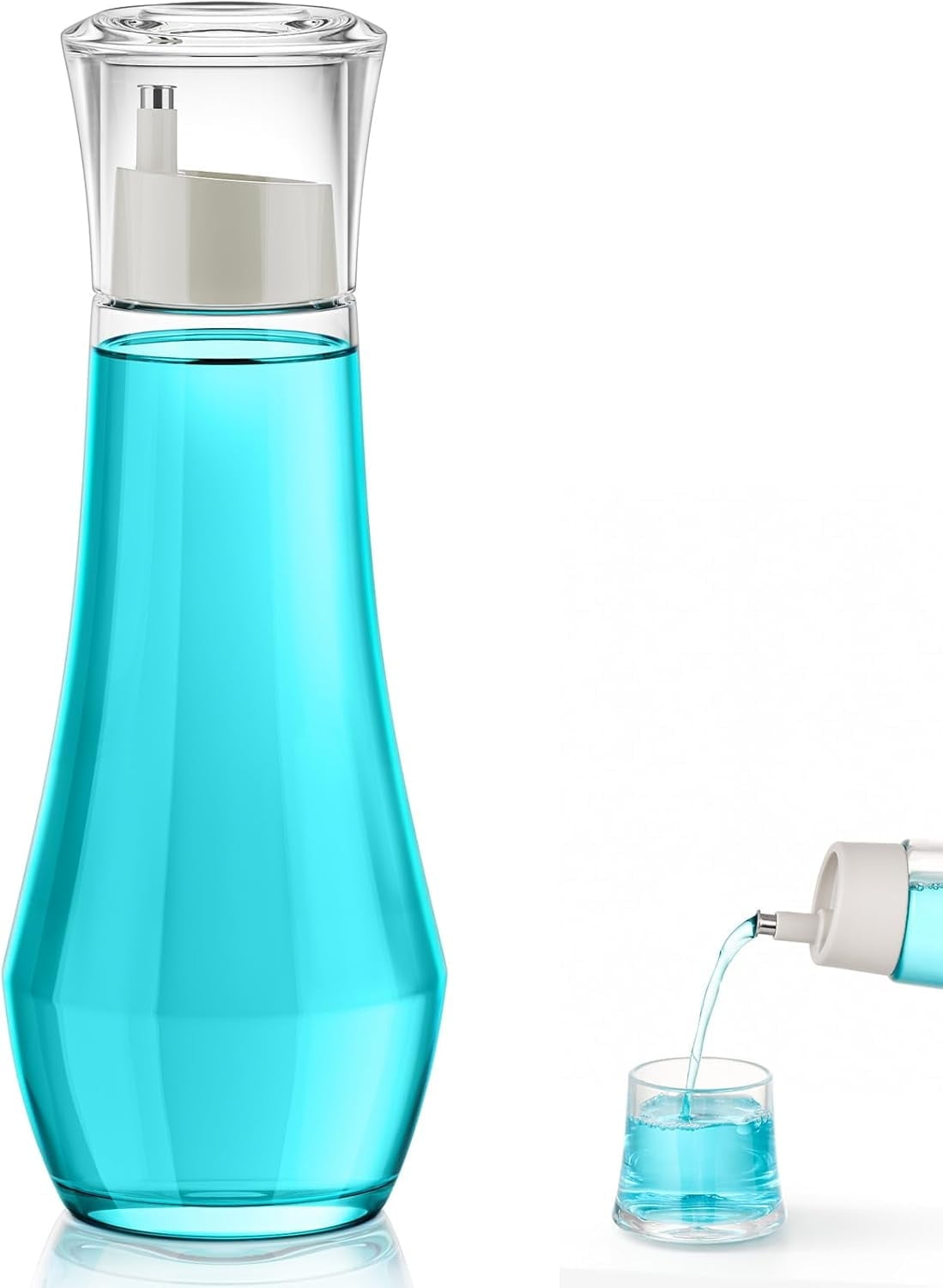 Glass Mouthwash Dispenser for Bathroom, 8.8OZ Mouth Wash Container Bottle with Lid Cup, Small Clear Refillable Mouthwash Dispenser Decanter for Countertop