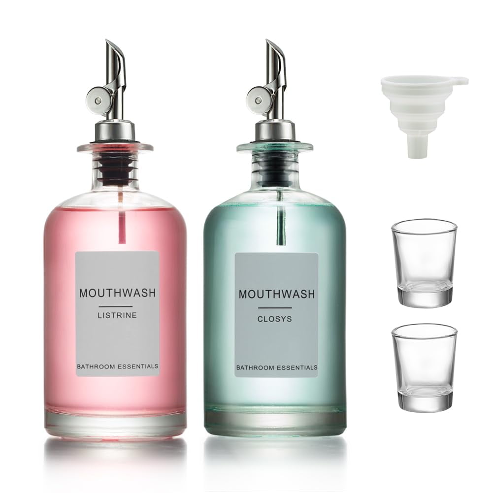 Glass Mouthwash Dispenser with Cups, 16.9 oz, 2 Pack Clear Mouthwash