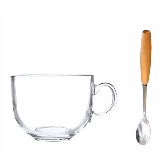Glass Mug Set with Wooden Lid, Silver Spoon