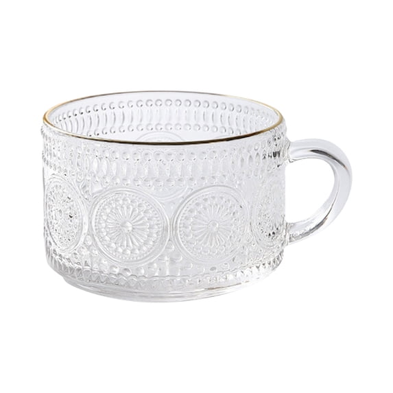 Glass Mug with Embossed Pattern Vintage Style Cup with Handle Durable Pressed Glass for Hot and Cold Beverages Tea Coffee Water Juice
