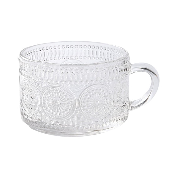 Glass Mug with Embossed Pattern Vintage Style Cup with Handle Durable Pressed Glass for Hot and Cold Beverages Tea Coffee Water Juice