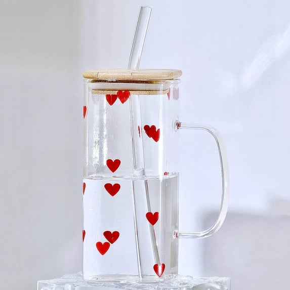 Glass Mug with Lid and Straw Iced Coffee Cup with Handle Square Drinking Glasses Tumbler Cups for Smoothie Juice,12 OZ(E)