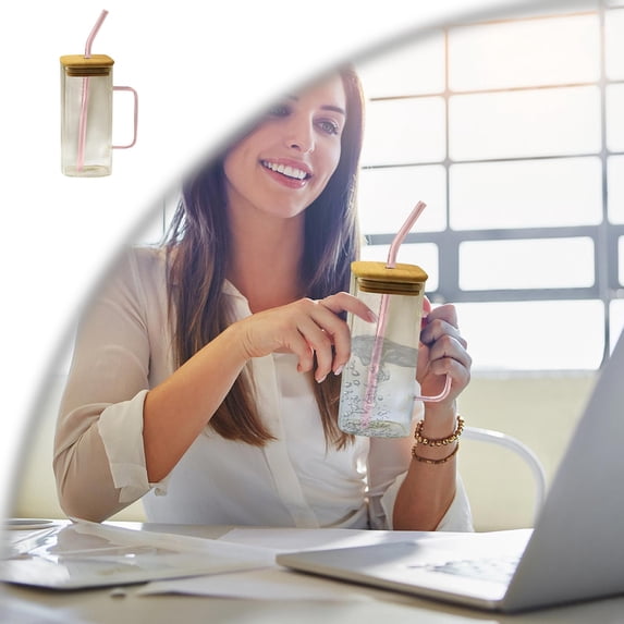 Glass Mug with Lid and Straw Iced Coffee Cup with Handle Square Drinking Glasses Tumbler Cups for Smoothie Juice