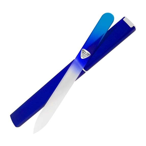 Premium Czech Glass Nail File with Hard Case, Bona Fide Beauty Professional Manicure Tool for Gentle Precision Filing – Aqua/Cobalt