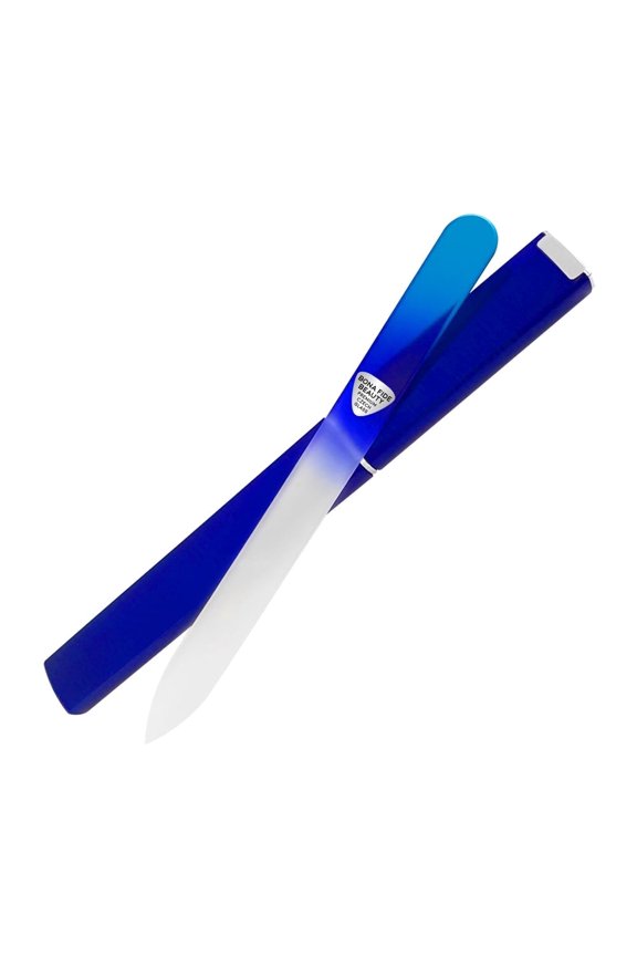 Premium Czech Glass Nail File with Hard Case, Bona Fide Beauty Professional Manicure Tool for Gentle Precision Filing – Aqua/Cobalt